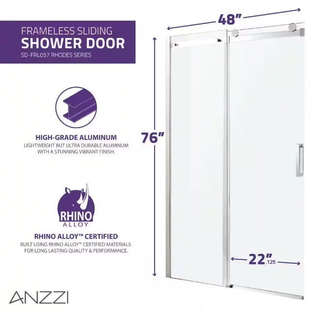 Anzzi SD-FRLS05701CH Rhodes Shower Door 48" x 76" Sliding Frameless Tempered Glass New