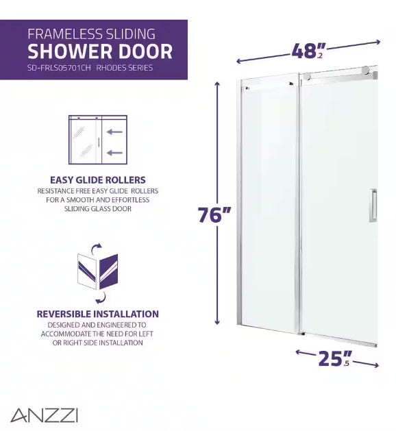Anzzi SD-FRLS05701CH Rhodes Shower Door 48" x 76" Sliding Frameless Tempered Glass New