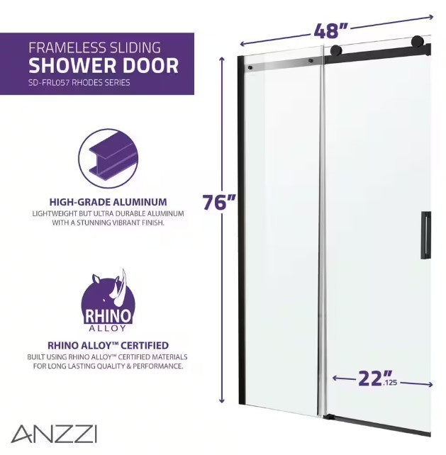 Anzzi SD-FRLS05701MB Rhodes Shower Door 48" x 76" Sliding Frameless Tempered Glass New