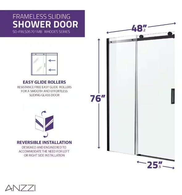 Anzzi SD-FRLS05701MB Rhodes Shower Door 48" x 76" Sliding Frameless Tempered Glass New