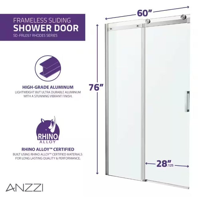 Anzzi SD-FRLS05702BN Rhodes Shower Door 60" x 76" Sliding Frameless Tempered Glass New