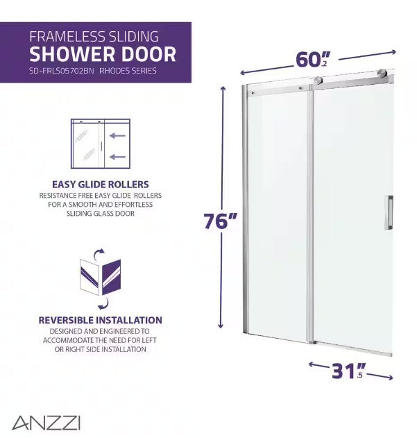 Anzzi SD-FRLS05702BN Rhodes Shower Door 60" x 76" Sliding Frameless Tempered Glass New