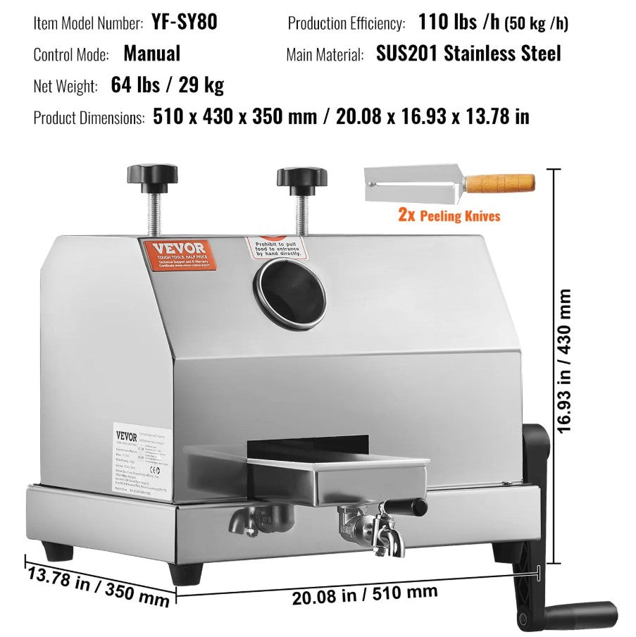 Vevor Manual Sugar Cane Juicer 110 Lbs/H 3 Rollers Stainless Steel Extractor with 2.4" Inlet New