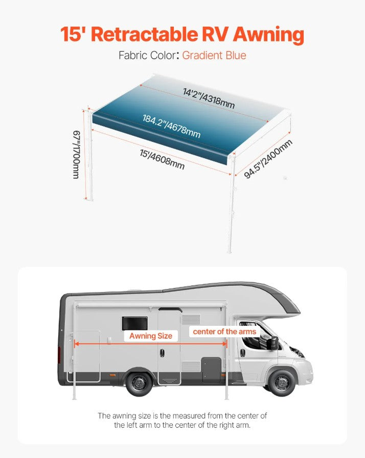 Vevor Manual RV Awning 15' with Heavy-Duty PVC Fabric New