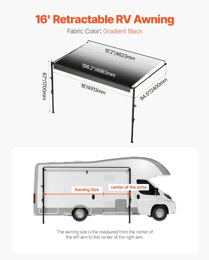 Vevor Manual RV Awning 16' Heavy-Duty Waterproof Vinyl Canopy for Trailers New