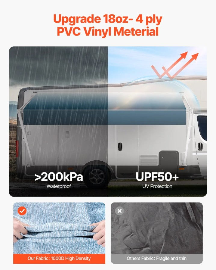 Vevor Manual Retractable RV Awning 20' Heavy-Duty Vinyl Replacement for Most DC12V RVs New