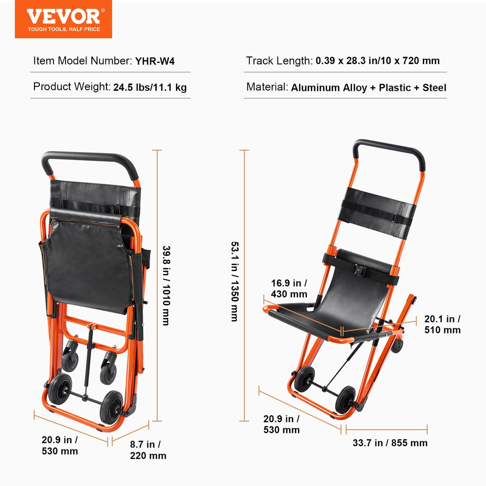 Vevor Manual Stair Chair 350 lbs. Capacity Foldable Emergency Transport Wheelchair with 4 Wheels New