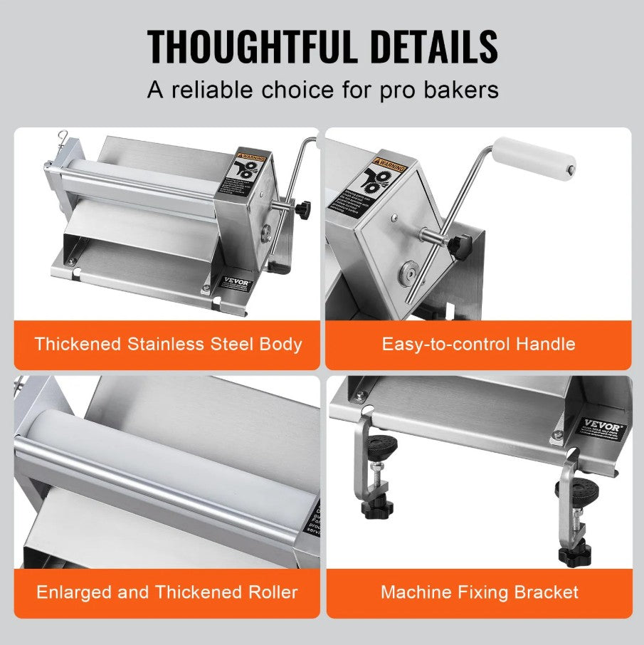 Vevor Manual Dough Sheeter Machine 0–0.5" Adjustable Thickness Stainless Steel Pastry Roller New