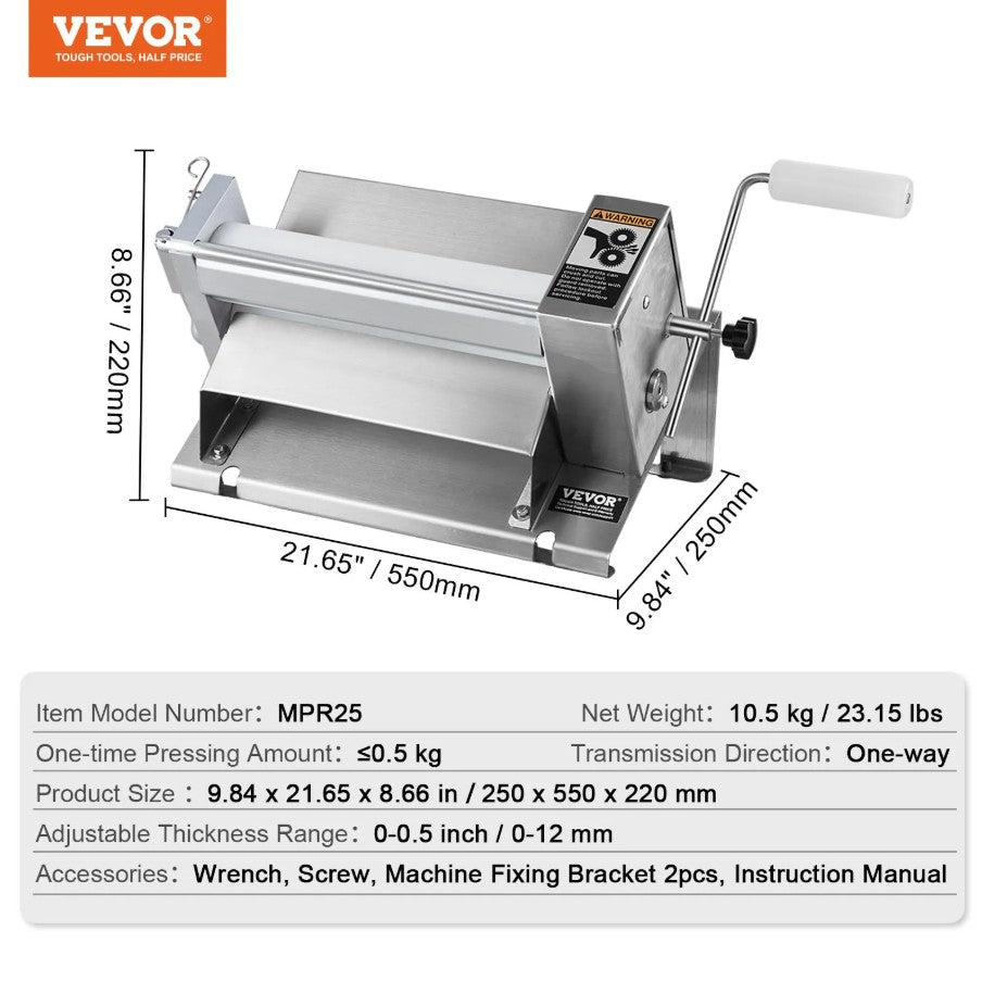 Vevor Manual Dough Sheeter Machine 0–0.5" Adjustable Thickness Stainless Steel Pastry Roller New