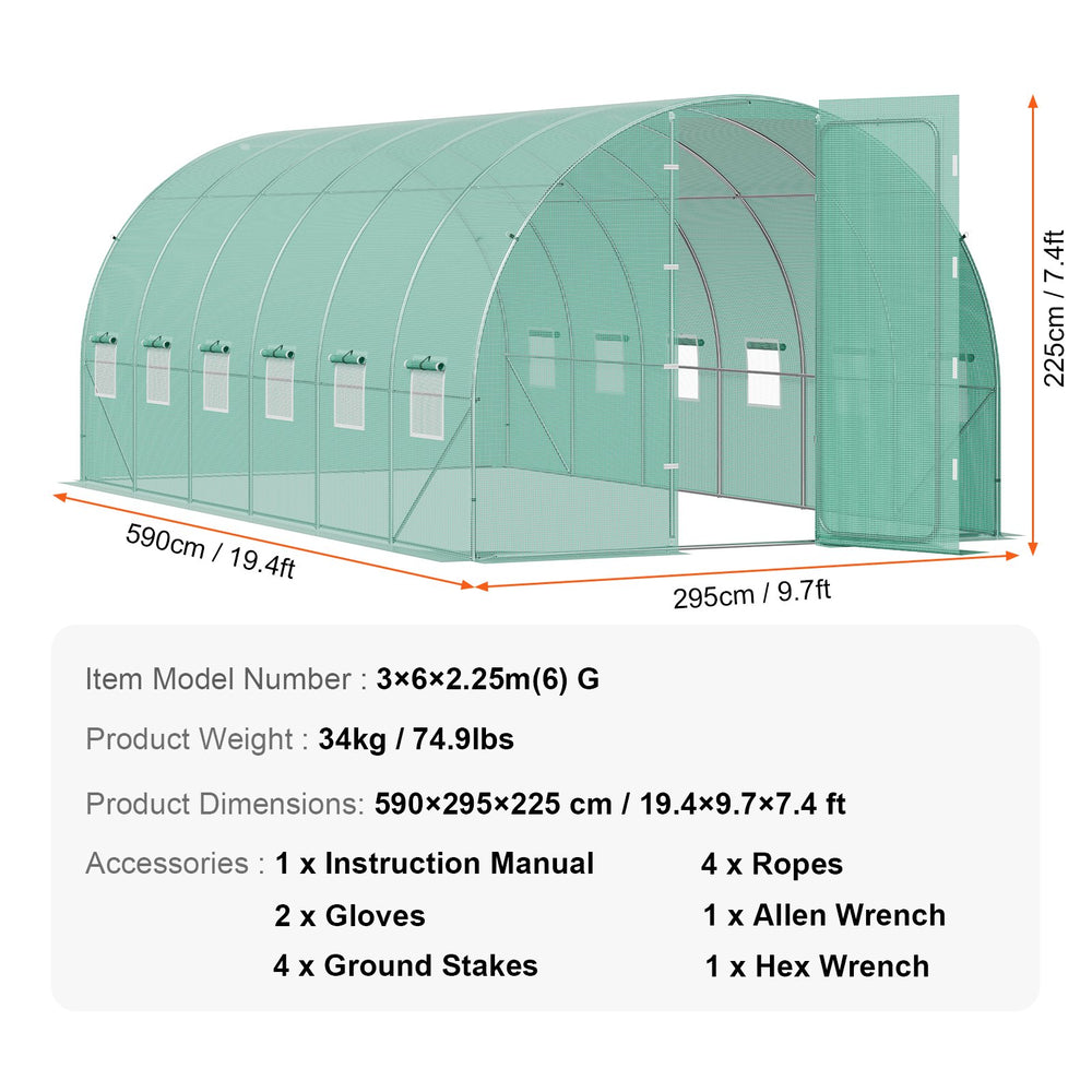 Vevor Walk-In Tunnel Greenhouse 19.36' x 9.68' x 7.4' with Galvanized Frame and PE Cover New
