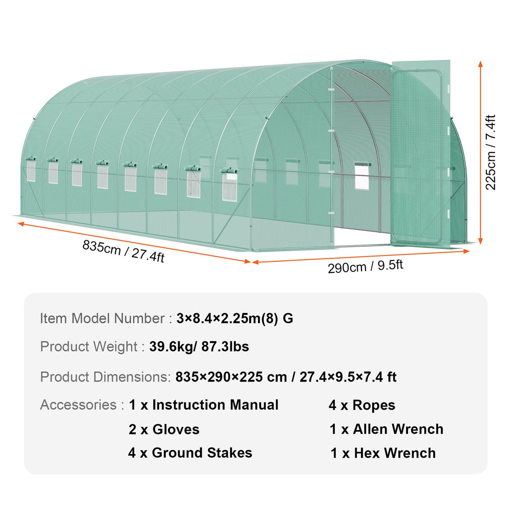 Vevor Walk-In Tunnel Greenhouse 27.38' x 9.5' x 7.38' with Galvanized Frame and PE Cover New
