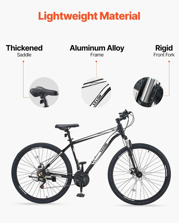 Vevor Mountain Bike 29" 21-Speed Dual Disc Brakes and Front Suspension New