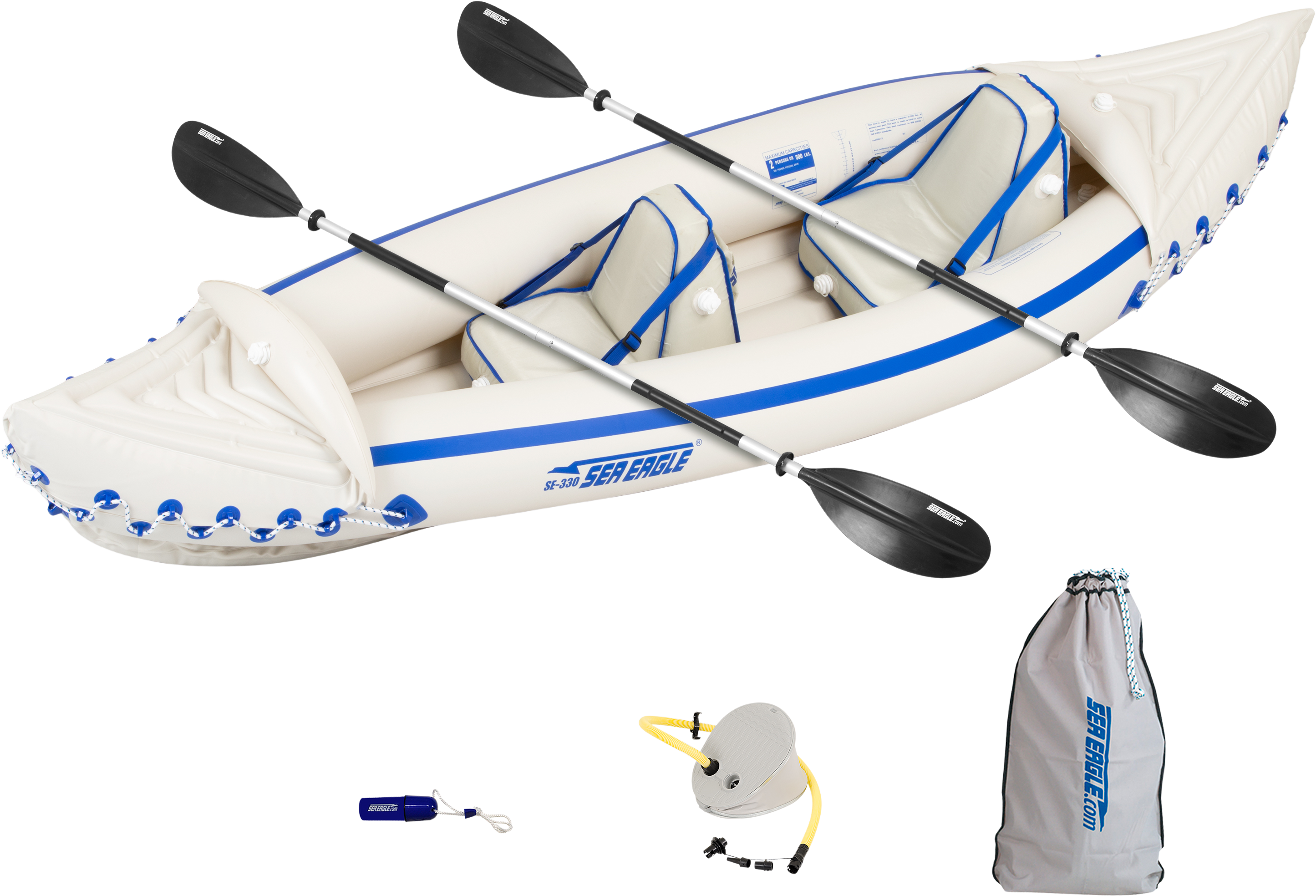 Sea Eagle 330 Inflatable Portable Sport Kayak Canoe 2 Person Pro Package With Paddles White Blue New