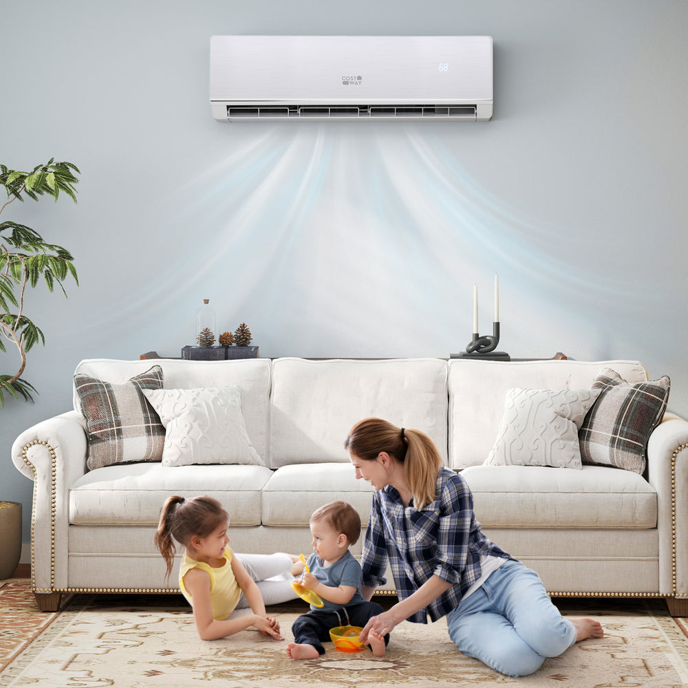 Mini split heat pump mounted on the wall, providing efficient heating and cooling for a cozy living room setting.