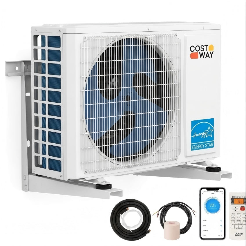 24000 BTU mini split AC unit with wall mounting bracket, inverter technology, and remote control for efficient heating and cooling.