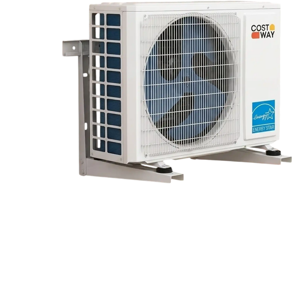 Mini split AC unit mounted on a wall, featuring 24000 BTU capacity, energy-efficient R32 refrigerant, and remote control.