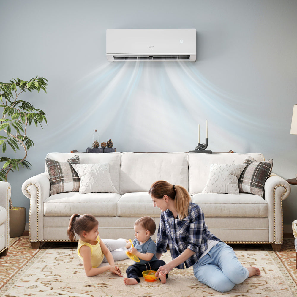 Mini split heat pump in a living room, providing efficient heating and cooling with remote control and adjustable.