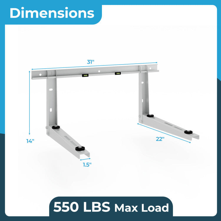 Wall mounting bracket for SEERXtreme Mini Split AC, supporting 550 lbs max load with adjustable dimensions for installation.