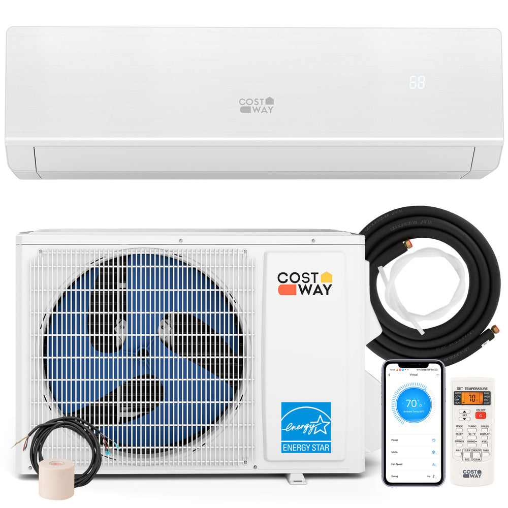 Mini split heat pump system with 18000 BTU capacity, ENERGY STAR certified, remote control, and inverter technology for.