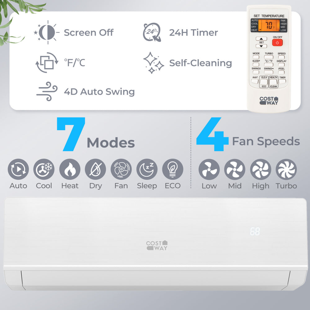 Mini split heat pump with remote control, 7 modes, 4 fan speeds, and ENERGY STAR certified for efficient heating and.