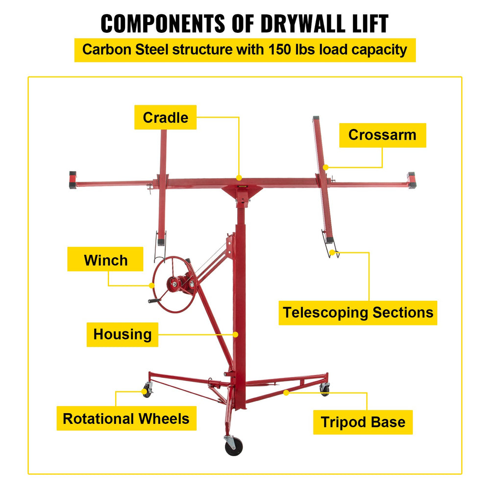 Vevor Drywall Rolling Lifter Panel 16' Lift Height 150 lbs. Weight Capacity 48" x 192" Plasterboard Size New