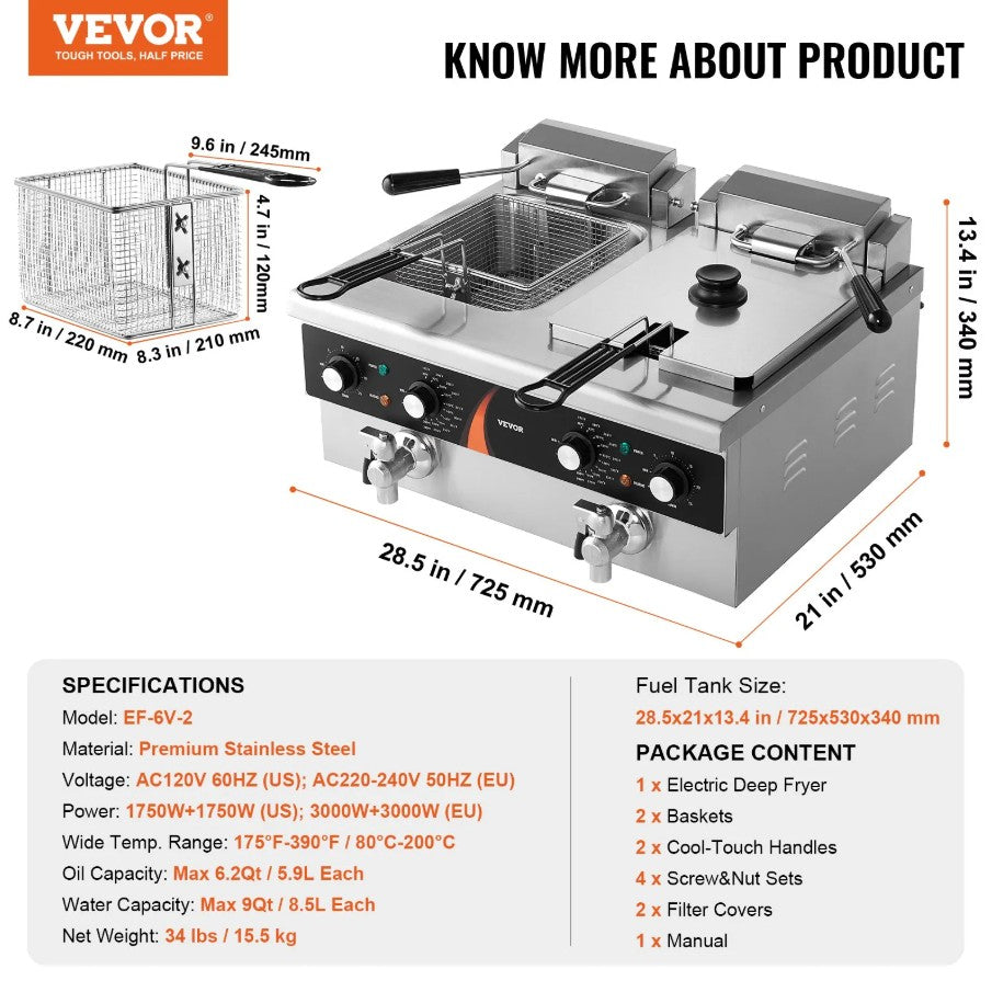 Vevor Commercial Electric Deep Fryer Dual Tank 2 x 9 Qt 3500W Countertop New