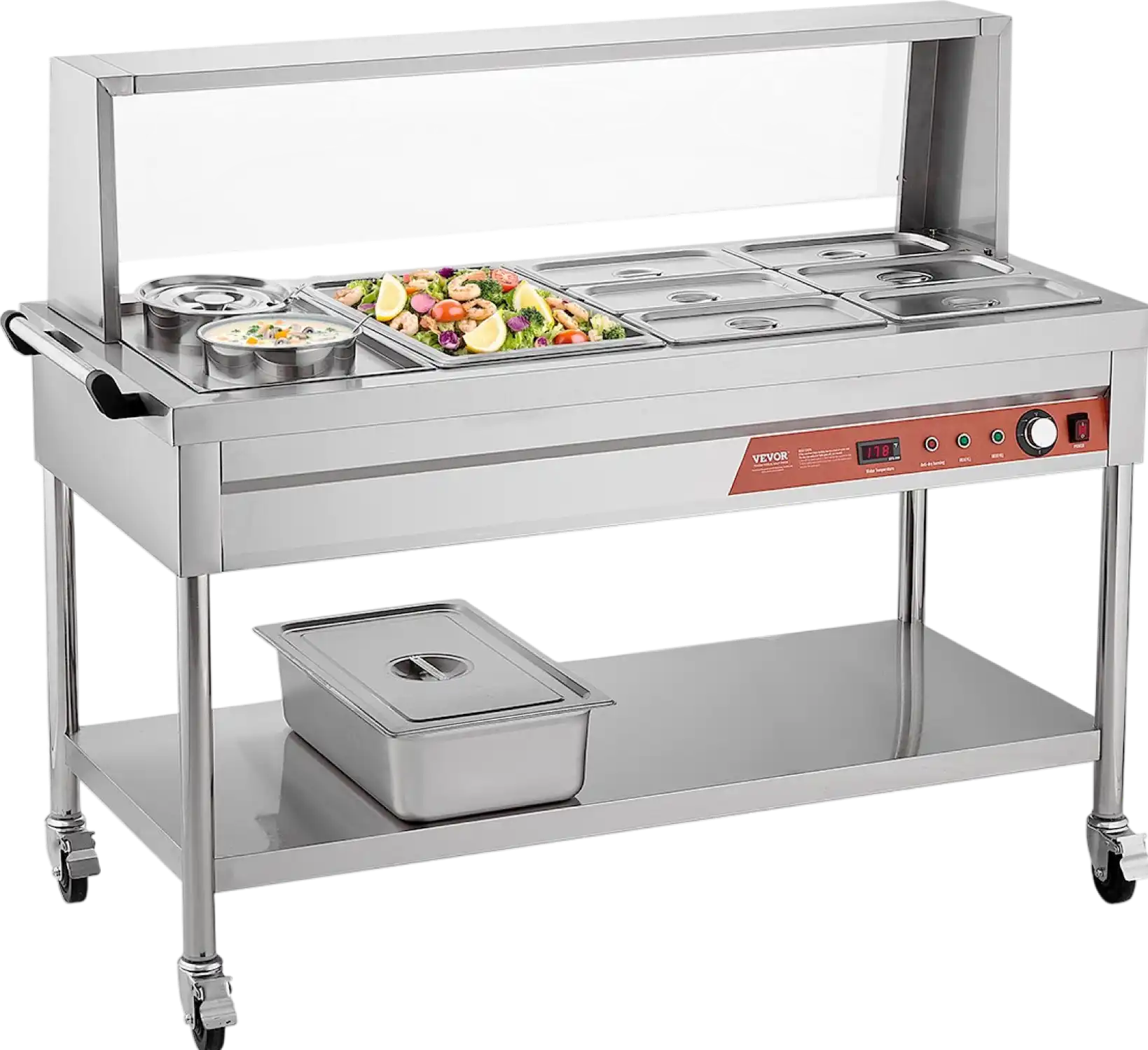 Vevor Commercial Food Warmer Steam Table 1 Full Pan 6 Third Pans 2 Pots Stainless Steel Sneeze Guard New