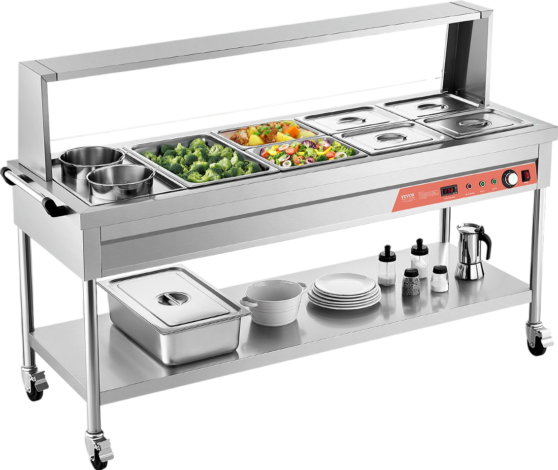 Vevor Commercial Food Warmer Steam Table 1 Full Pan 6 Half Pans 2 Pots Stainless Steel Sneeze Guard New