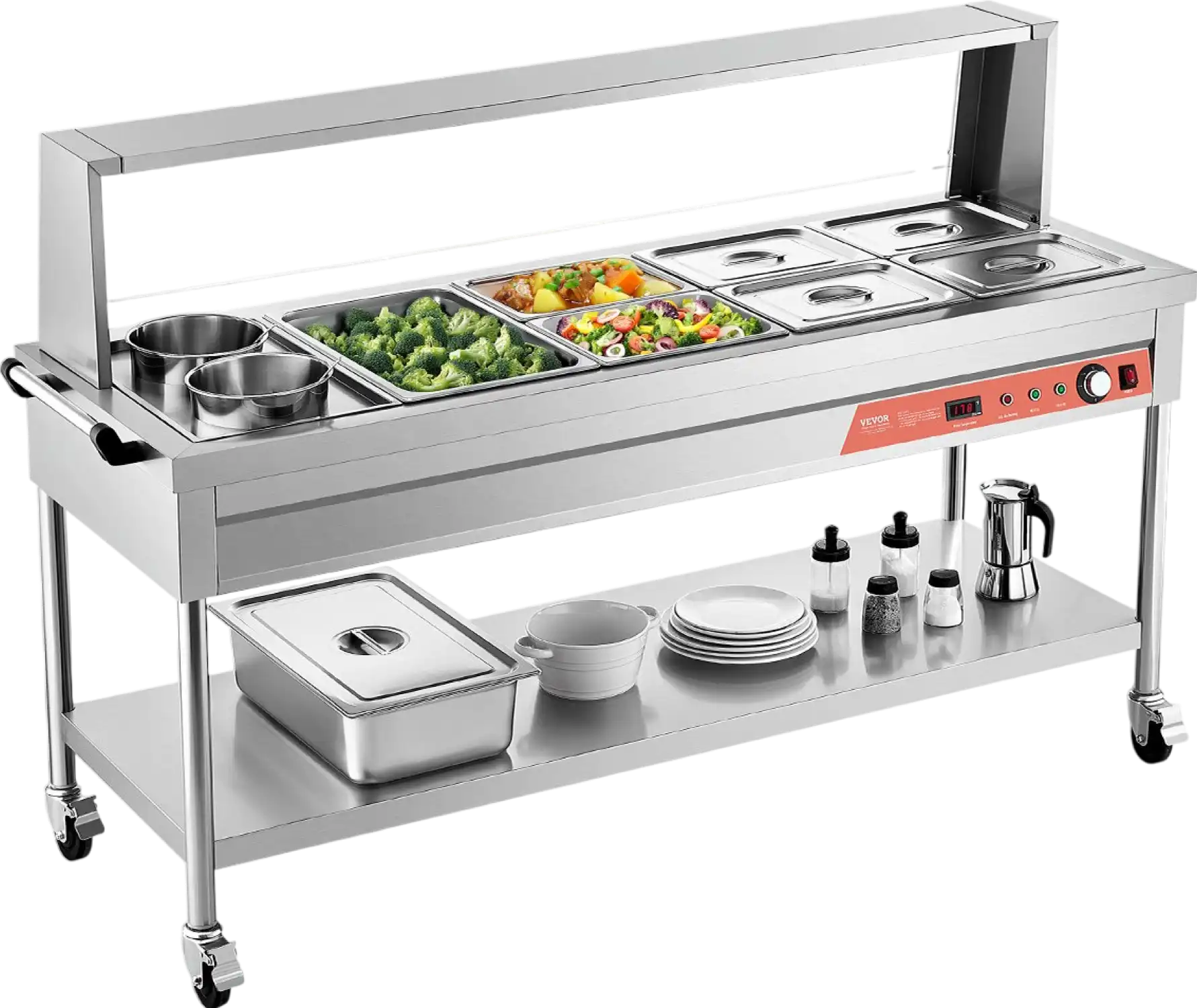 Vevor Commercial Food Warmer Steam Table 1 Full Pan 6 Half Pans 2 Pots Stainless Steel Sneeze Guard New