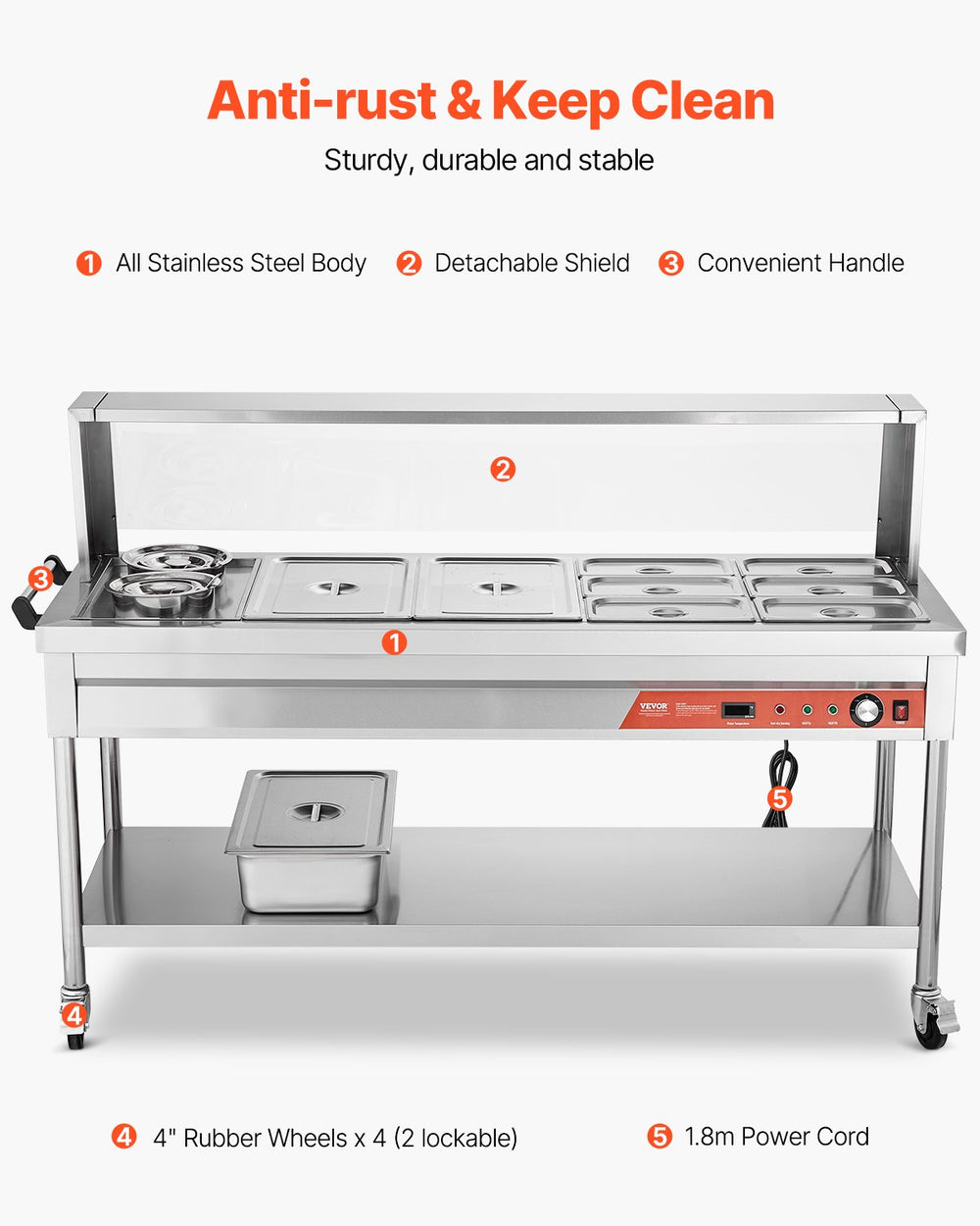 Vevor Commercial Food Warmer Steam Table 2 Full Pans 6 Third Pans 2 Pots Stainless Steel Sneeze Guard New
