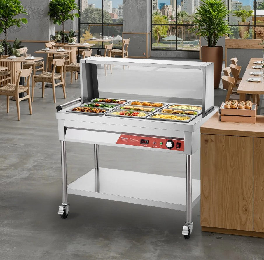 Vevor Commercial Steam Table 9 x 1/3 Pan Food Warmer with Undershelf and Sneeze Guard New