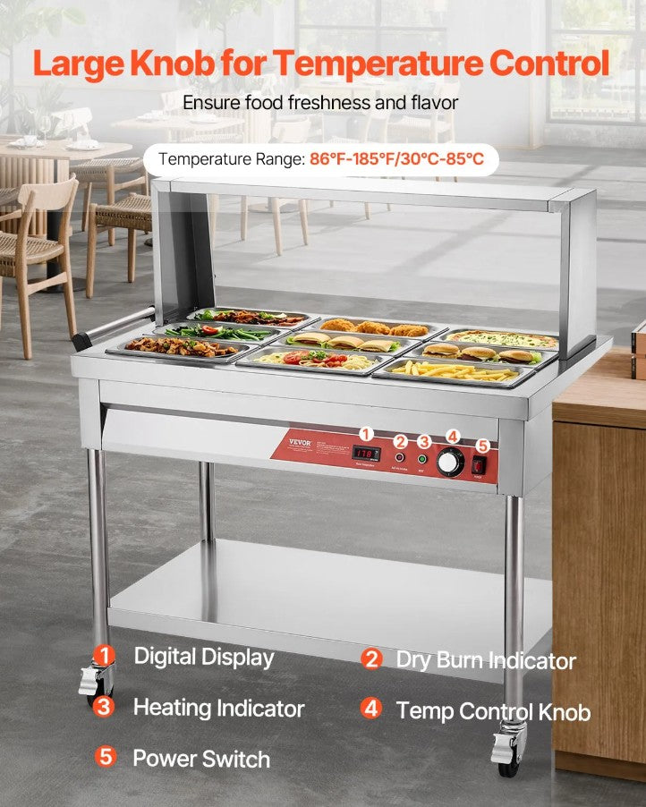 Vevor Commercial Steam Table 9 x 1/3 Pan Food Warmer with Undershelf and Sneeze Guard New