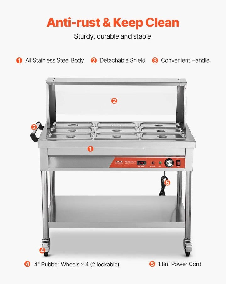 Vevor Commercial Steam Table 9 x 1/3 Pan Food Warmer with Undershelf and Sneeze Guard New