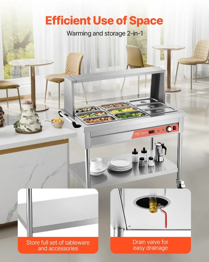 Vevor Commercial Steam Table 9 x 1/3 Pan Food Warmer with Undershelf and Sneeze Guard New