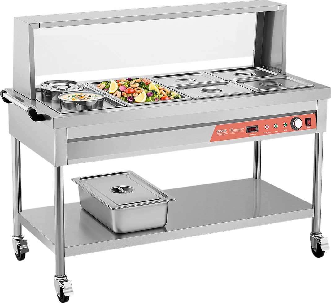 Vevor Commercial Food Warmer Steam Table 1 Full Pan 4 Half Pans 2 Pots Stainless Steel Sneeze Guard New