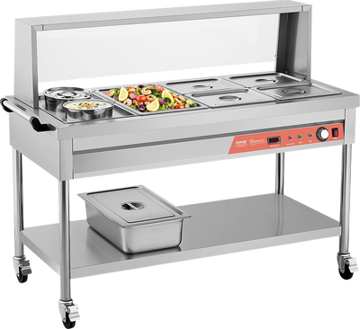 Vevor Commercial Food Warmer Steam Table 1 Full Pan 4 Half Pans 2 Pots Stainless Steel Sneeze Guard New