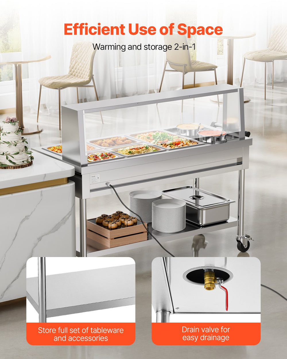Vevor Commercial Food Warmer Steam Table 1 Full Pan 4 Half Pans 2 Pots Stainless Steel Sneeze Guard New