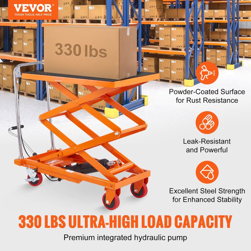 Vevor Hydraulic Lift Table Cart 330 Lbs. Manual Double Scissor 50" Lift Height Non-Slip Pad 4 Wheel New