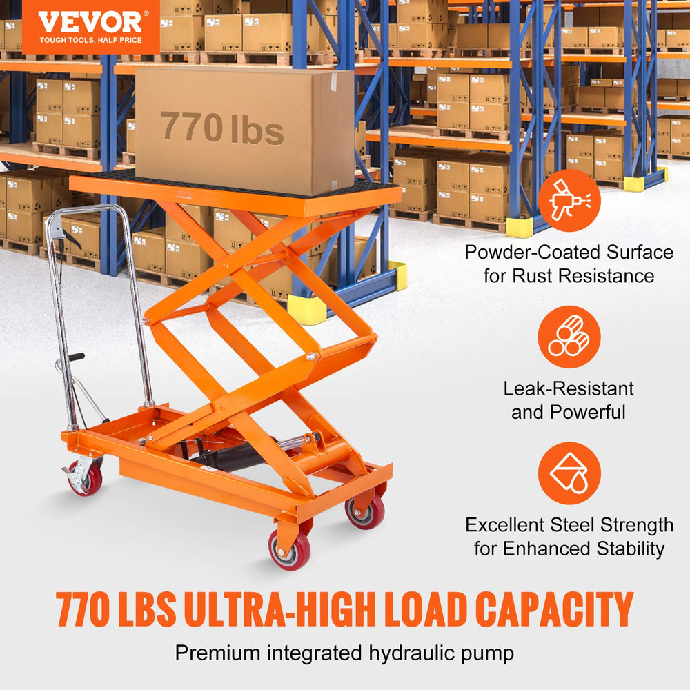 Vevor Hydraulic Lift Table Cart 770 Lbs. Manual Double Scissor 59" Lift Height Non-Slip Pad 4 Wheel New