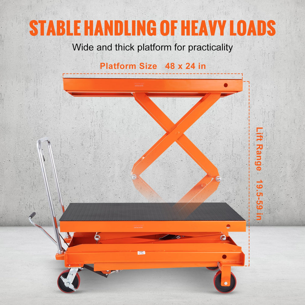 Vevor Hydraulic Lift Table Cart 1760 Lbs. Manual Double Scissor 59" Lift Height Non-Slip Pad 4 Wheel New