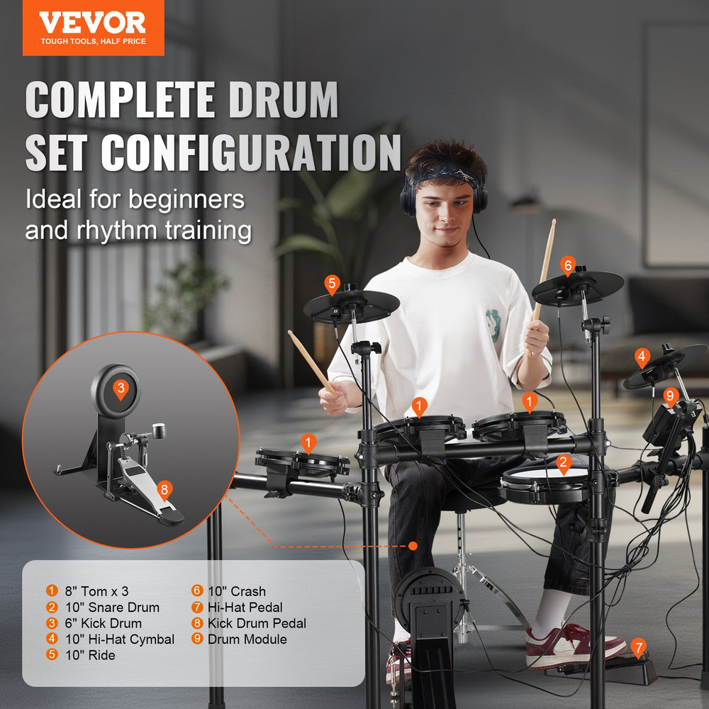 Vevor Digital Drum Kit 480 Tones 10" Pads with Drumsticks and Dual Pedals for Beginners and Adults New