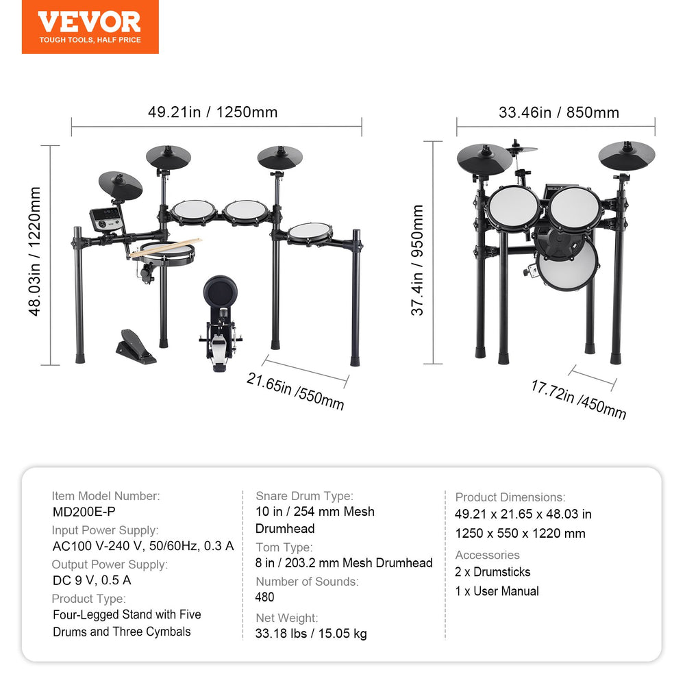 Vevor Digital Drum Kit 480 Tones 10" Pads with Drumsticks and Dual Pedals for Beginners and Adults New