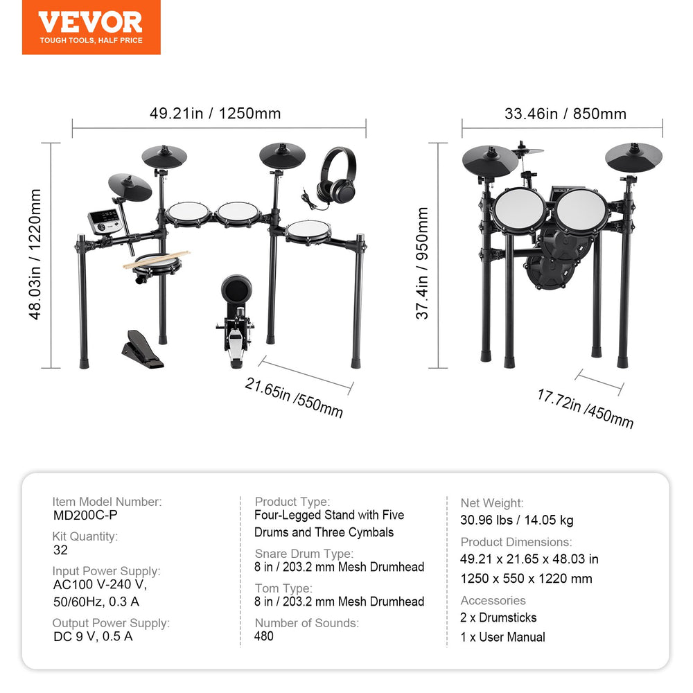 Vevor Digital Drum Kit 480 Tones 8" Pads with Drumsticks and Dual Pedals for Beginners and Adults New