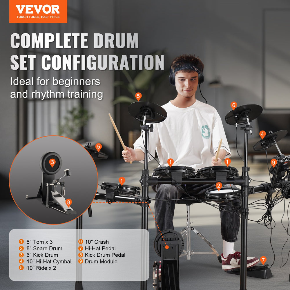 Vevor Digital Drum Kit 480 Tones 8" Pads with Drumsticks Dual Pedals and Throne for Beginners and Adults New
