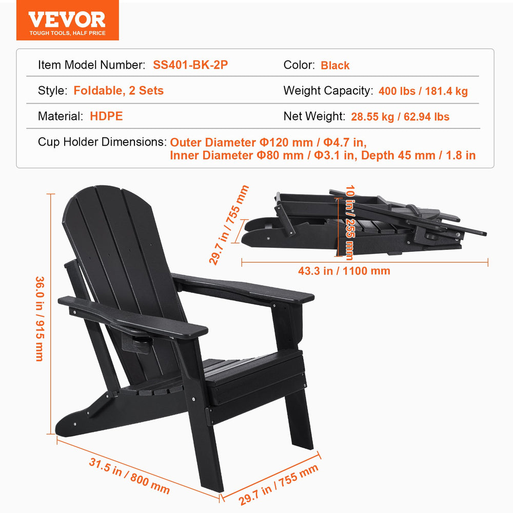 Vevor Folding Adirondack Chairs Set of 2 All-Weather HDPE 400 lb Capacity New