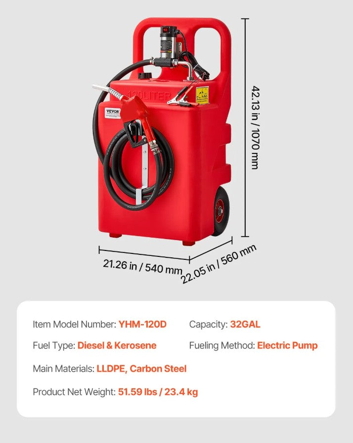 Vevor Portable Diesel Fuel Caddy 32 Gal with 12V Electric Pump New