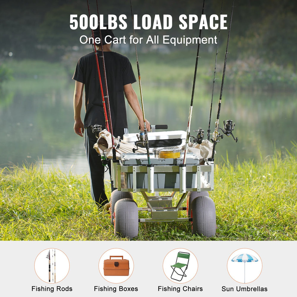Vevor Beach Fishing Cart 500 lbs. Capacity 13" PU Balloon Tires Heavy-Duty Aluminum with 6 Rod Holders New