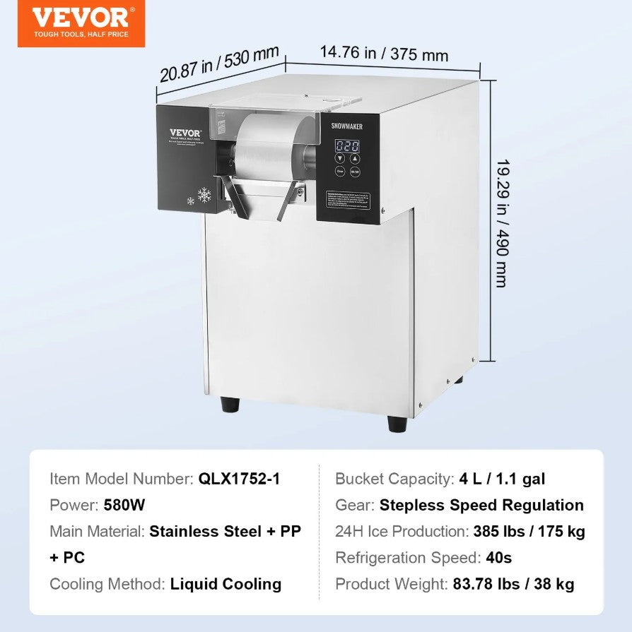 Vevor Commercial Snowflake Ice Machine 385 Lbs/24H Stainless Steel Multi-Texture Ice New