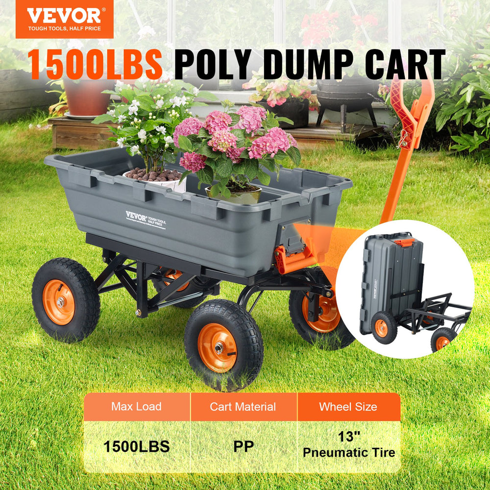 Vevor Dump Cart 1500 lbs Capacity 7 cu. ft. Poly Garden Utility 13" Tires Steel Frame New