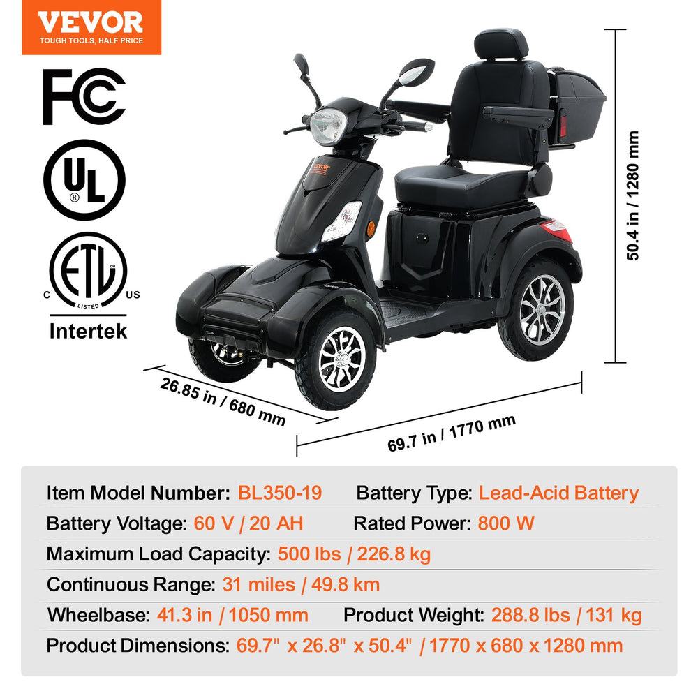 Vevor Mobility Scooter 4-Wheel Heavy Duty 500 lbs. Capacity 60V 800W 15.5 MPH 31 Mile Range New